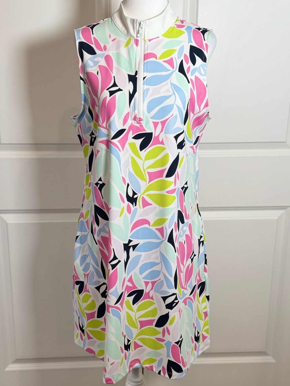 Tommy Bahama Golf Tropical Leaf Print Dress L Quarter Zip Resort Coastal Tennis